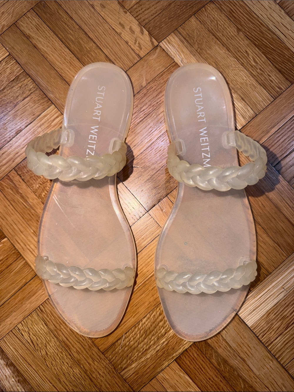 Stuart Weitzman Translucent Cream Sawyer Braided Jelly Slide Sandals